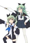  2girls absurdres anchovy anchovy_(cosplay) belt belt_buckle black_dress black_necktie blue_eyes blue_neckerchief blue_skirt blush buckle cape choker cosplay costume_switch crossover detached_sleeves dress eyebrows_visible_through_hair girls_und_panzer green_hair hair_flaps hair_ornament hair_tie hairclip highres kantai_collection kneeling long_sleeves miyabeeya multicolored_dress multiple_girls necktie pantyhose pleated_dress pleated_skirt riding_crop shirt simple_background skirt smile standing thigh-highs trait_connection twintails violet_eyes white_background white_legwear white_shirt wide_sleeves yamakaze_(kantai_collection) yamakaze_(kantai_collection)_(cosplay) 