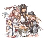  4girls belt black_hair black_necktie blonde_hair breast_pocket breast_pockets brown_eyes brown_hair dress girl_sandwich gloves grey_eyes hat headgear jellyfish kantai_collection karasu_(naoshow357) long_hair multiple_girls nagato_(kantai_collection) necktie operation_crossroads peaked_cap pleated_skirt prinz_eugen_(kantai_collection) purple_hair red_skirt remodel_(kantai_collection) sakawa_(kantai_collection) sandwiched saratoga_(kantai_collection) short_hair skirt twintails violet_eyes white_dress white_gloves white_skirt 