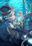  1girl android aqua_eyes blurry carillus commentary_request depth_of_field hat highres hoshino_yumemi key_(company) light_rays long_hair looking_at_viewer planetarian silver_hair smile solo submerged underwater 