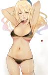  :d armpits arms_up atago_(kantai_collection) bikini black_bikini blonde_hair breasts cowboy_shot gluteal_fold green_eyes hat isshiki_(ffmania7) kantai_collection large_breasts long_hair navel open_mouth simple_background sketch smile swimsuit thigh-highs unfinished 