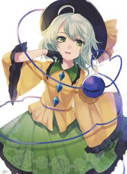  1girl absurdres ahoge black_gloves blouse floral_print gloves green_eyes green_skirt hat hat_ribbon heart heart_of_string highres komeiji_koishi lgw7 long_sleeves open_mouth ribbon silver_hair simple_background sketch skirt smile solo third_eye touhou white_background yellow_blouse 