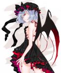  1girl 2016 artist_name bare_arms bat_wings black_dress black_hat black_ribbon blue_hair cowboy_shot dated dress frilled_dress frilled_hat frills from_behind gotoh510 hat hat_ribbon highres looking_back mob_cap nail_polish neck_ribbon open-back_dress red_eyes red_nails red_ribbon remilia_scarlet ribbon short_hair solo standing touhou wings 