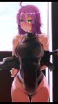  1girl arms_behind_back ass bare_shoulders black_swimsuit blush breasts competition_swimsuit cowboy_shot gluteal_fold green_eyes large_breasts long_hair looking_at_viewer mk_18_carbine one-piece_swimsuit original purple_hair solo standing swimsuit turtleneck utako623 