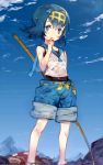  1girl blue_eyes blue_hair fishing_rod hairband magikarp pokemon pokemon_(creature) pokemon_(game) pokemon_sm shirt short_hair sky suiren_(pokemon) swimsuit swimsuit_under_clothes toridamono trial_captain wet wet_clothes wet_shirt 