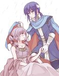  1boy 1girl blue_hair blush braid cape celice_(fire_emblem) fire_emblem fire_emblem:_seisen_no_keifu gloves hand_holding headband kitano_373 purple_hair rain sleeveless tinny_(fire_emblem) twin_braids twintails water_drop 