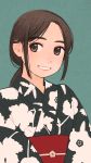  1girl akai_sashimi brown_eyes brown_hair grin highres japanese_clothes kimono original simple_background smile solo yukata 