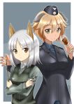  2girls alcohol animal_ears annoyed brave_witches brown_eyes commentary cup dog_ears drinking_glass edytha_rossmann eyebrows_visible_through_hair finger_on_trigger fox_ears grey_background gun handgun hat height_difference holding holding_glass holding_gun holding_weapon liberator light_brown_hair lipstick makeup military military_uniform multiple_girls pistol pointer red_liquid_(artist) shiny shiny_hair short_hair silver_hair smile strike_witches sweatdrop uniform waltrud_krupinski weapon wine wine_glass world_witches_series yellow_eyes 