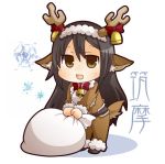 1girl :d animal_costume antlers bell black_hair bow brown_eyes character_name chibi chikuma_(kantai_collection) commentary_request cow_bell gift_bag gurageida horn_bell horn_bow kantai_collection long_hair open_mouth reindeer_antlers reindeer_costume reindeer_ears reindeer_tail smile snowflakes solo 