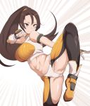  1girl abs armlet black_legwear brown_eyes brown_hair crop_top dungeon_and_fighter emphasis_lines fighter_(dungeon_and_fighter) fighting_stance fingerless_gloves gloves leg_up long_hair midriff pocari_sweat_(artist) ponytail smile solo 