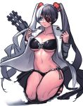  1girl :/ bikini black_bikini black_hair blade_&amp;_soul blue_eyes breasts cain_(grt1125) closed_mouth collared_shirt eyebrows_visible_through_hair eyepatch full_body gatling_gun groin gun hair_between_eyes hair_ornament hair_scrunchie kneeling long_hair medium_breasts multicolored_hair navel pohwaran scrunchie shirt simple_background sketch solo swimsuit two-tone_hair undressing very_long_hair weapon white_background white_hair white_shirt wing_collar 