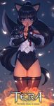  &gt;:( 1girl animal_ears bare_shoulders black_hair black_legwear cain_(grt1125) cat_ears closed_mouth copyright_name elin_(tera) english fire frown groin highres long_hair looking_at_viewer ninja ponytail red_eyes solo standing tera_online thigh-highs tsurime very_long_hair 