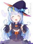  1girl animal_ears blue_hair closed_eyes gloves halloween hat long_hair open_mouth outstretched_hand show_by_rock!! skirt smile solo tousaki_shiina tsukino_(show_by_rock!!) vest witch_hat 