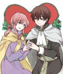  1boy 1girl braiding_hair cape cuan_(fire_emblem) ethlin_(fire_emblem) european_clothes fire_emblem fire_emblem:_seisen_no_keifu gloves hairdressing hand_holding heart jewelry kitano_373 pink_hair purple_hair ring short_hair 