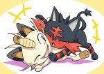  animal_ears blush cat cat_ears cat_tail closed_eyes fangs highres litten_(pokemon) meowth no_humans one_eye_closed open_mouth pokemon pokemon_(creature) runachikku tail whiskers 