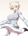  1girl animal_ears blonde_hair blue_eyes blush brave_witches breasts commentary_request cozy crotch_seam from_below highres large_breasts looking_at_viewer looking_down nikka_edvardine_katajainen open_mouth pantyhose ribbed_sweater short_hair smile solo strike_witches sweater tail uniform white_legwear world_witches_series 