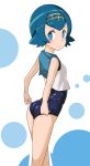  1girl adjusting_clothes adjusting_swimsuit ass bare_arms bare_legs blue_eyes blue_hair blush hairband looking_at_viewer one-piece_swimsuit petite pocari_sweat_(artist) pokemon pokemon_(game) pokemon_sm polka_dot polka_dot_background sailor_collar shirt short_hair sleeveless sleeveless_shirt solo suiren_(pokemon) swimsuit swimsuit_under_clothes trial_captain 