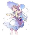  1girl bag blonde_hair braid cosmog dress duffel_bag green_eyes hat kurochiroko lillie_(pokemon) long_hair pokemon pokemon_(creature) pokemon_(game) pokemon_sm simple_background sleeveless sleeveless_dress sun_hat twin_braids white_background white_dress white_hat 