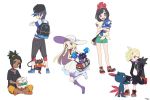  2girls 3boys agata_(agatha) backpack bag baseball_cap beanie black_eyes black_hair blonde_hair braid capri_pants cosmog dark_skin dark_skinned_male dress duffel_bag female_protagonist_(pokemon_sm) from_behind gladio_(pokemon) green_eyes green_hair hair_over_one_eye handbag hat hau_(pokemon) hood hoodie lillie_(pokemon) litten_(pokemon) long_hair male_protagonist_(pokemon_sm) multiple_boys multiple_girls open_mouth pants pokemon pokemon_(creature) pokemon_(game) pokemon_sm ponytail popplio red_hat rowlet see-through shirt short_hair shorts simple_background sitting sleeveless sleeveless_dress sneasel striped striped_shirt sun_hat tied_shirt torn_clothes torn_pants twin_braids white_background white_dress white_hat 