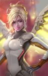  1girl artist_name blonde_hair blue_eyes blurry_background bodysuit breasts derrick_song embers faulds hand_on_hip high_ponytail lips looking_at_viewer mechanical_wings medium_breasts mercy_(overwatch) nose overwatch parted_lips realistic red_background signature solo spread_wings upper_body wings yellow_wings 
