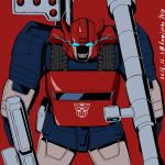  1boy arm_cannon artist_name autobot bazooka blue_eyes cannon cliffjumper dated evil_smile glowing glowing_eyes grin gun handgun insignia kamizono_(spookyhouse) looking_at_viewer machine machinery mecha no_humans oldschool red_background robot smile solo teeth transformers twitter_username weapon 