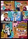  1boy 1girl aqua_eyes aqua_hair bike_shorts blonde_hair blush comic commentary_request crossdressinging domino_mask fangs female_inkling hat highres inkling long_hair male_inkling mask multiple_boys one_eye_closed open_mouth pointy_ears reverse_trap sailor short_hair splatoon sweatdrop tentacle tentacle_hair translation_request usa_(dai9c_carnival) violet_eyes 