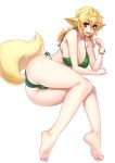  1girl :d absurdres angelo_(gomahangetsu) animal_ears ass bare_legs bare_shoulders barefoot bikini blonde_hair bracelet breasts cleavage full_body green_bikini green_eyes hair_between_eyes highres jewelry kaori-san_(angelo) large_breasts long_hair lying navel on_side open_mouth original side-tie_bikini simple_background smile solo swimsuit tail thighs white_background 