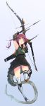  1girl absurdres archery armpits arms_up arrow bangs blush boots bow_(weapon) collarbone elbow_gloves elbow_pads full_body gloves gluteal_fold gradient gradient_background green_eyes green_panties green_shirt hair_ornament hairclip highres holster knee_boots knee_pads leg_up neckerchief oota_youjo open_mouth original panties pantyshot pantyshot_(standing) quiver school_uniform shirt skirt skirt_set sleeveless sleeveless_shirt solo standing standing_on_one_leg tail thigh-highs thigh_holster twintails underwear upskirt weapon white_legwear 