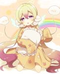  1girl :d :o ^_^ blonde_hair blush_stickers bunny_print closed_eyes cloud_print clouds collar dot_nose eyebrows_visible_through_hair frills full_body hair_between_eyes hair_ornament halo holding_pillow kashiko_(coupy) long_hair long_sleeves looking_at_viewer low_twintails mahou_shoujo_ikusei_keikaku multicolored_hair nemurin_(mahoiku) open_mouth pajamas pillow print_pajamas rainbow shiny shiny_hair sleeves_past_wrists smile solo star sun twintails very_long_hair violet_eyes 