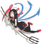  1girl :p asymmetrical_wings black_dress black_hair black_legwear bow bowtie brown_eyes dress full_body holding holding_weapon houjuu_nue kikoka_(mizuumi) looking_at_viewer mary_janes pointy_ears polearm red_bow red_bowtie red_shoes shoe_bow shoes short_dress short_sleeves slit_pupils snake solo thigh-highs tongue tongue_out touhou trident weapon white_background wings wrist_cuffs zettai_ryouiki 