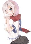  1girl absurdres baozi black_skirt blue_eyes blush breast_press breasts cowboy_shot food from_side hair_between_eyes hair_ornament hairclip hamakaze_(kantai_collection) highres hiiragi_ken kantai_collection large_breasts looking_at_viewer looking_to_the_side open_mouth red_scarf scarf school_uniform serafuku short_hair silver_hair skirt solo unaligned_breasts 