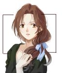  1girl blue_ribbon breasts brown_eyes brown_hair eyelashes green_sweater hair_over_shoulder hair_ribbon idolmaster idolmaster_cinderella_girls kawashima_mizuki kurage long_hair looking_at_viewer low_ponytail medium_breasts messy_hair nail_polish parted_lips pink_nails recording ribbon solo taking_picture upper_body v-neck viewfinder white_background 