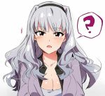  1girl ? bangs blush breasts cleavage hairband idolmaster large_breasts long_hair looking_at_viewer open_mouth shijou_takane silver_hair solo spoken_question_mark sweatdrop tuxedo_de_cat violet_eyes 