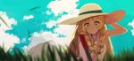  &gt;:| 1girl absurdres bag bangs bare_arms blonde_hair blue_sky blunt_bangs blurry blush_stickers braid closed_mouth clouds collared_dress day depth_of_field dress eyebrows_visible_through_hair eyes_visible_through_hair grass green_eyes handbag hat highres lillie_(pokemon) long_hair looking_at_viewer moyashi_(lpppp) outdoors pokemon pokemon_(game) pokemon_sm sky sleeveless sleeveless_dress solo sun_hat sundress twin_braids white_dress white_hat 