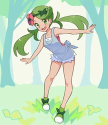  1girl dark_skin flower full_body green_eyes green_hair hair_flower hair_ornament kurochiroko long_hair mallow_(pokemon) open_mouth overalls pokemon pokemon_(game) pokemon_sm solo trial_captain twintails 