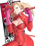  1girl absurdres aqua_eyes bodysuit breasts cat_mask cleavage cowboy_shot gloves hair_ornament hairclip highres long_hair looking_at_viewer mask mask_removed medium_breasts persona persona_5 pink_gloves red_bodysuit shin_megami_tensei smirk solo takamaki_anne twintails whip zelus zipper 