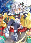  1girl :d ahoge bell black_legwear bow bowtie box capelet cushion fate/grand_order fate_(series) gift gift_box hair_bow hair_ribbon headpiece holding jeanne_alter jeanne_alter_(santa_lily)_(fate) long_hair looking_at_viewer navel open_mouth ribbon rori_chuushin ruler_(fate/apocrypha) shoes sitting smile solo thigh-highs thighs white_hair yellow_eyes 