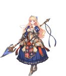  1girl armor armored_boots blonde_hair blue_eyes boots braid dress french_braid full_body highres holding_spear long_hair looking_at_viewer mireille_(sennen_sensou_aigis) official_art parted_lips puffy_sleeves sennen_sensou_aigis solo tedain 