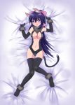  1girl absurdres animal_ears bed_sheet black_gloves black_hair black_legwear blue_hair blush bow breasts cat_ears cat_tail cleavage elbow_gloves embarrassed full_body fur_trim gloves hair_bow highres insight large_breasts leotard long_hair lying navel noihara_himari omamori_himari on_back open_mouth ponytail solo tail thigh-highs very_long_hair violet_eyes 
