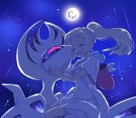  1girl :d backpack bag bangs bat blonde_hair blunt_bangs blush braid closed_eyes crescent french_braid full_moon glowing high_ponytail hood hood_down hug kisukekun legendary_pokemon lillie_(pokemon) long_hair lunaala miniskirt moon night night_sky open_mouth outdoors pleated_skirt pokemon pokemon_(creature) pokemon_(game) pokemon_sm ponytail shirt shooting_star short_sleeves skirt sky smile star_(sky) starry_sky white_shirt white_skirt wings 