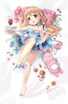  1girl 2016 :d bag barefoot bed_sheet blonde_hair blue_dress blush breasts brown_eyes candy chocker cleavage cookie cupcake dress feet food futaba_anzu glass_slipper hair_ornament high_heels idolmaster idolmaster_cinderella_girls jin_young-in lollipop long_hair looking_at_viewer low_twintails lying macaron no_socks on_back open_mouth pie pillow single_shoe small_breasts smile solo strapless strapless_dress stuffed_animal stuffed_bunny stuffed_toy text toes twintails 