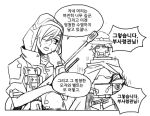  1girl ana_(overwatch) belt cowboy_hat eyepatch facial_tattoo hat hood korean mccree_(overwatch) monochrome overwatch tattoo weapon white_background wm_(chawoo1357) 