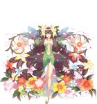  1girl :o absurdly_long_hair awakening_(sennen_sensou_aigis) braid brown_hair center_opening dress fiery_hermit_of_fiore fiore_(sennen_sensou_aigis) flower flower_necklace full_body green_eyes hair_flower hair_ornament highres jewelry long_hair long_sleeves looking_at_viewer navel necklace official_art outstretched_arms outstretched_hand petals plant sennen_sensou_aigis solo too_many transparent_background twin_braids very_long_hair zhitian_liang 