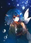  1girl bangs baocaizi blue_eyes blue_hair bubble closed_mouth fish_tail frown head_fins highres japanese_clothes kimono long_sleeves looking_at_viewer mermaid monster_girl obi ringlets sash short_hair solo touhou underwater wakasagihime wide_sleeves 