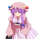  1girl book capelet cato_(monocatienus) eyebrows_visible_through_hair hair_ribbon hat hat_ribbon holding holding_book leaning_forward long_hair looking_at_viewer open_mouth patchouli_knowledge purple_hair ribbon simple_background solo striped touhou tress_ribbon vertical_stripes violet_eyes white_background 