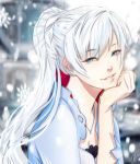  10juu 1girl breasts chin_rest cleavage looking_at_viewer ponytail rwby scar scar_across_eye smile solo watermark web_address weiss_schnee white_hair 