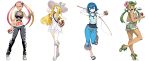  4girls baggy_pants capri_pants fishing_rod genzoman hat highres holding holding_poke_ball lillie_(pokemon) mallow_(pokemon) multiple_girls no_socks pants plumeri_(pokemon) plumeria_(pokemon) poke_ball pokemon pokemon_(game) pokemon_sm sandals suiren_(pokemon) toes 