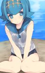  1girl between_legs blue_eyes blue_hair blush bright_pupils hairband hand_between_legs highres looking_at_viewer nigo_(aozoragarou) pokemon pokemon_(game) pokemon_sm sailor_collar see-through shirt short_hair sitting sleeveless sleeveless_shirt solo suiren_(pokemon) swimsuit swimsuit_under_clothes trial_captain water wet wet_clothes wet_shirt 