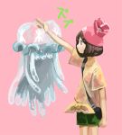  1girl bag black_hair chop female_protagonist_(pokemon_sm) green_shorts hand_on_another&#039;s_head hat jellyfish looking_at_another nihilego pleo pokemon pokemon_(game) pokemon_sm pout shirt short_hair shorts shoulder_bag tentacle tentacle_hair ultra_beast yellow_shirt 