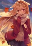  1girl autumn_leaves black_skirt blonde_hair blush cardigan dusk eyebrows_visible_through_hair hair_flaps hair_ornament hair_tie hairclip haruka_(reborn) jacket kantai_collection long_hair long_sleeves looking_at_viewer open_clothes open_jacket outdoors pleated_skirt red_eyes red_jacket remodel_(kantai_collection) scarf shiny shiny_hair skirt sleeves_past_wrists smile solo yuudachi_(kantai_collection) 