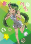  1girl ;q bare_arms bare_legs character_name dark_skin floral_background flower green_background green_eyes green_hair hair_flower hair_ornament highres holding ladle leg_up licking_lips long_hair looking_at_viewer mallow_(pokemon) one_eye_closed overalls pokemon pokemon_(game) pokemon_sm runachikku smile solo tongue tongue_out trial_captain twintails 